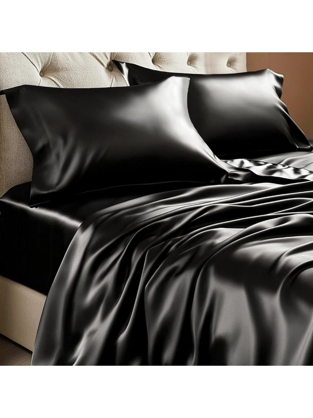 Luxurious Black Satin California King Sheet Set - 4 Piece Bedding Essentials